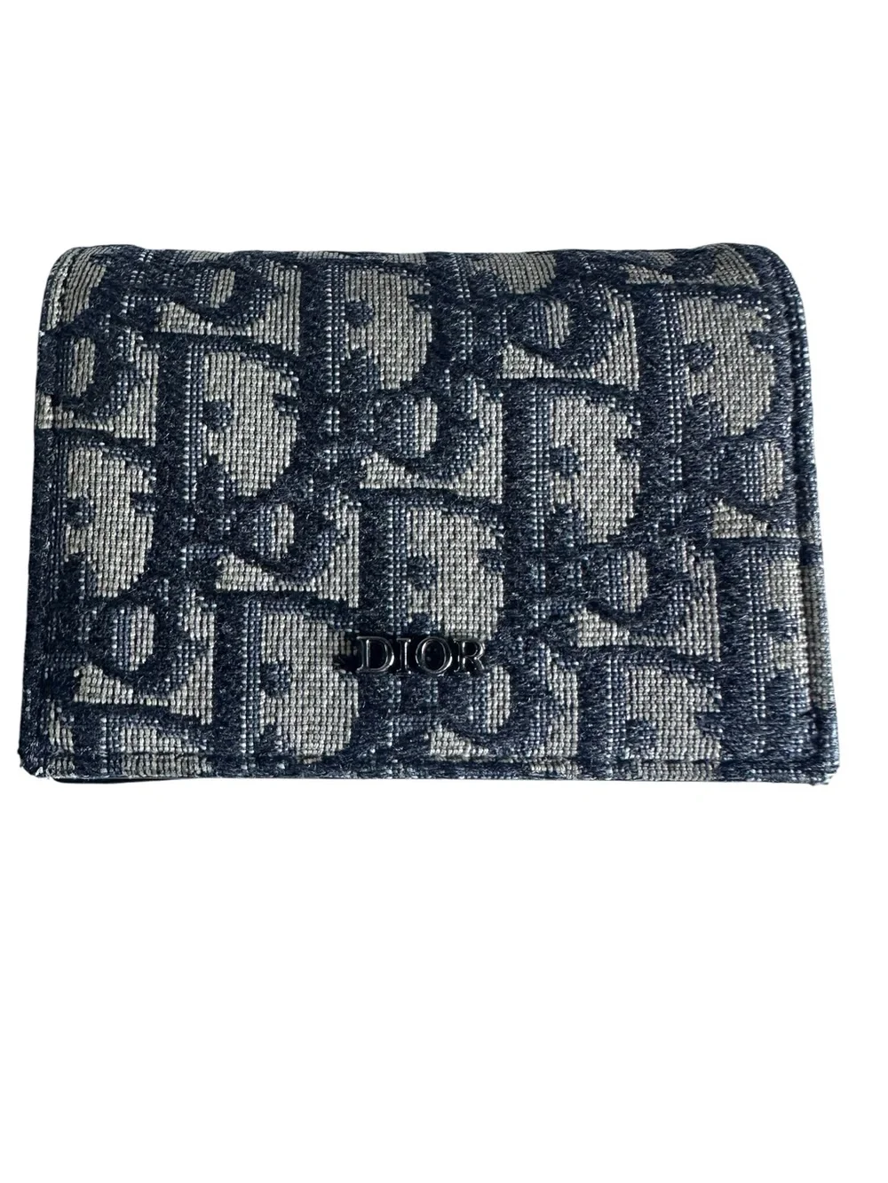 Christian Dior Oblique Jacquard Business Card Holder Compact Wallet Navy Beige